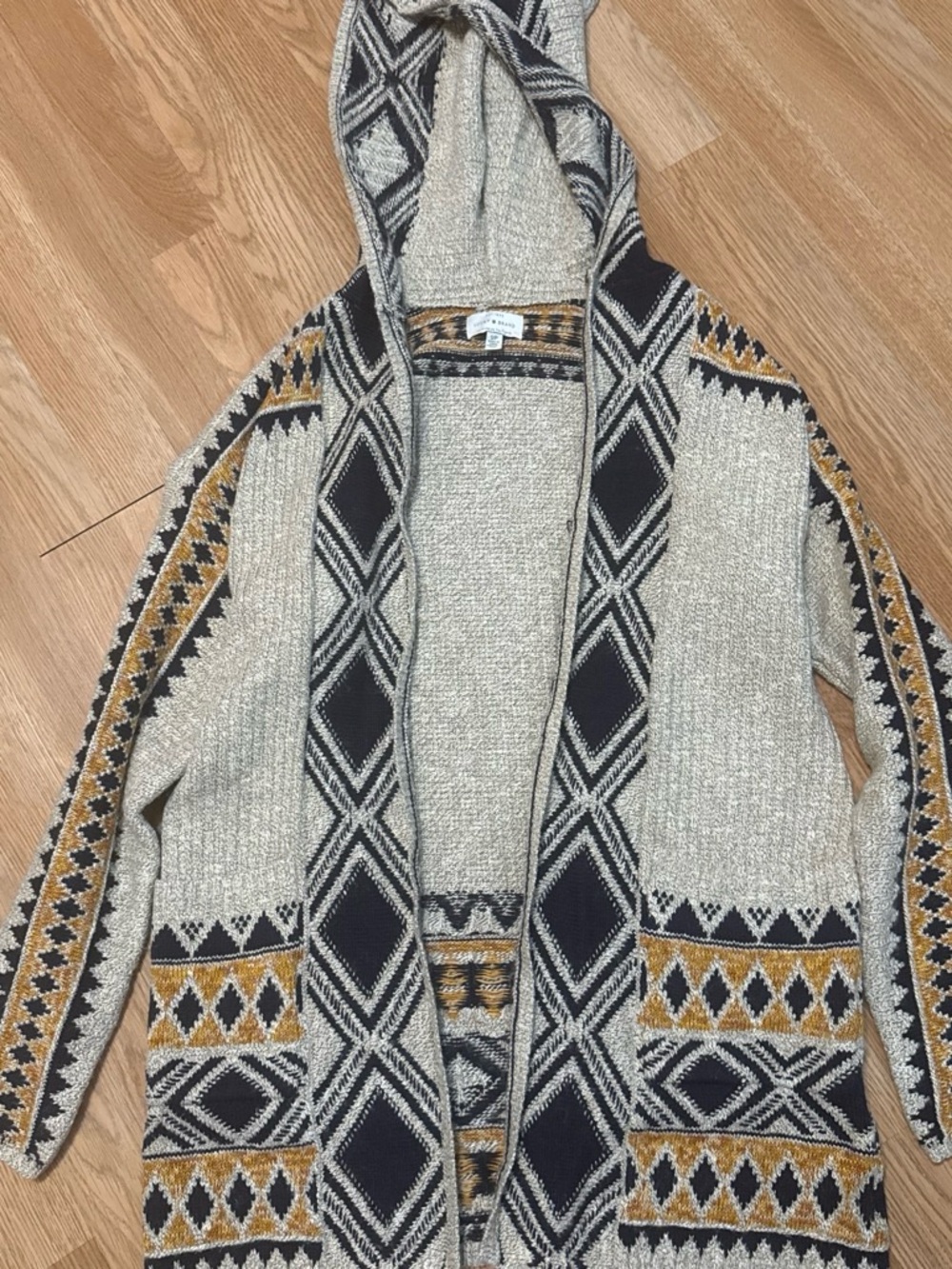 Lucky Brand Hooded Geometric Knit Cardigan Sweater - Beige/Black/Gold
